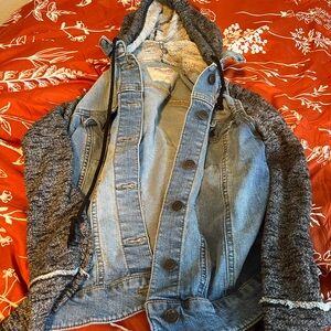 Denim and Knit Hooded Jacket
